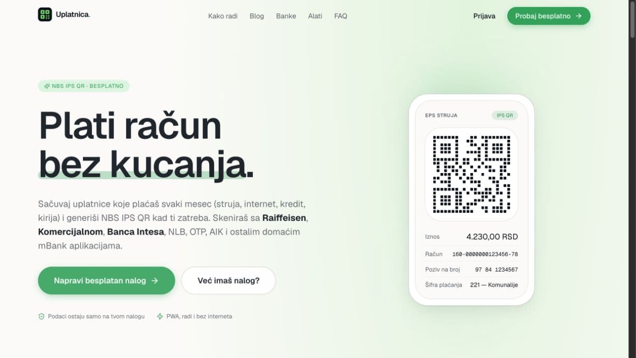 IPS Uplatnica product for creating payment slips and NBS IPS QR codes
