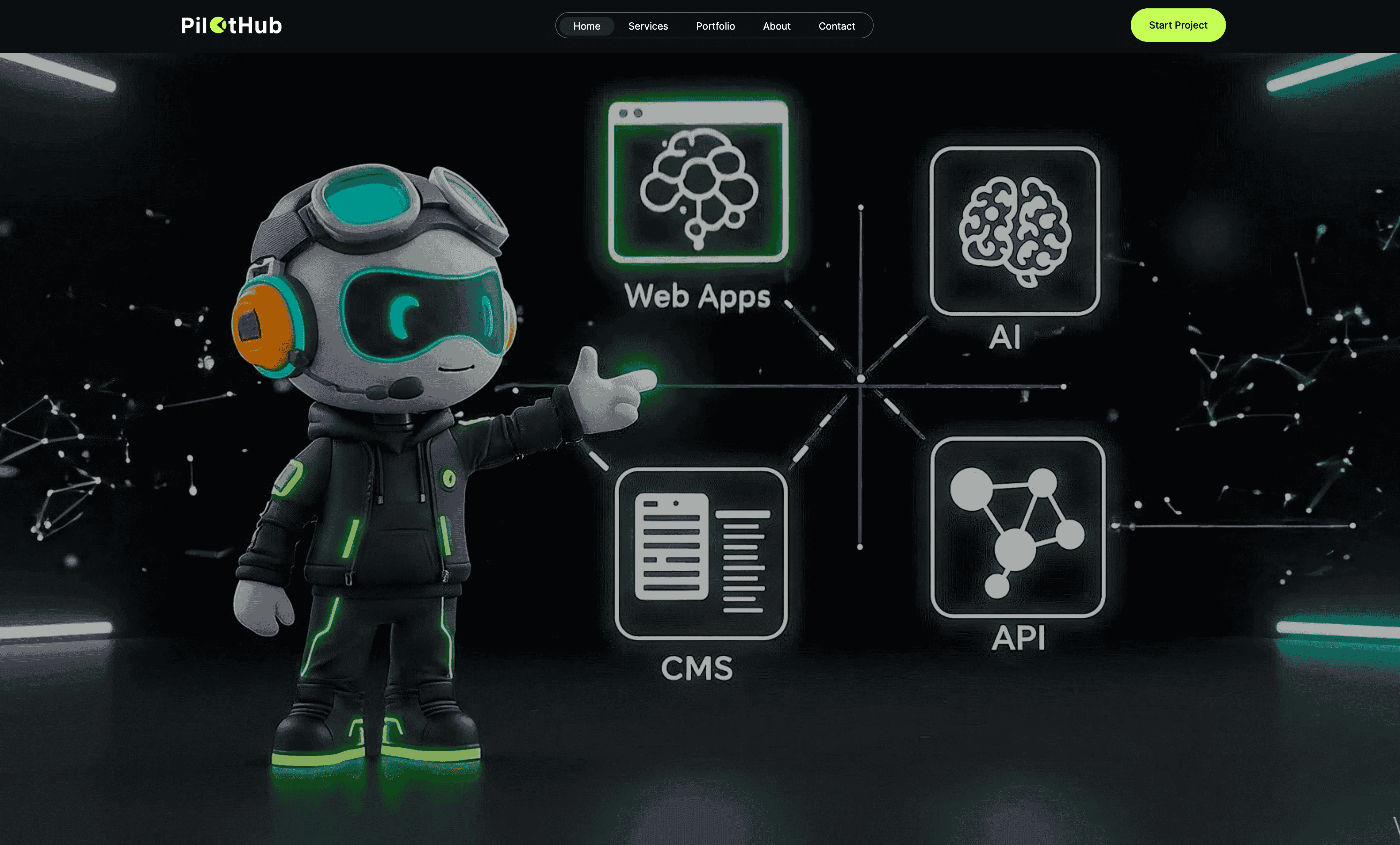 PilotHub Studio website showing its web apps, AI, CMS, and API services